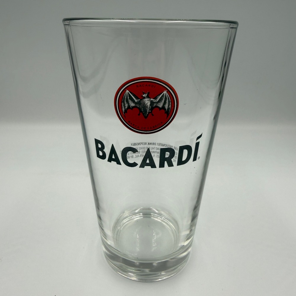 Bacardi Rum Pint Glass Red Bat Logo Clear Barware Collectible 2018 Edition